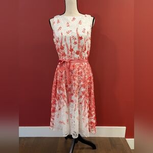 Elegant Floral Lace Dress in Red and White